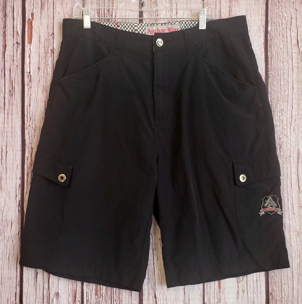 Anchor Blue Black Long Cargo Shorts 36 VTG 90s Pocket Cotton Nylon Embroidered